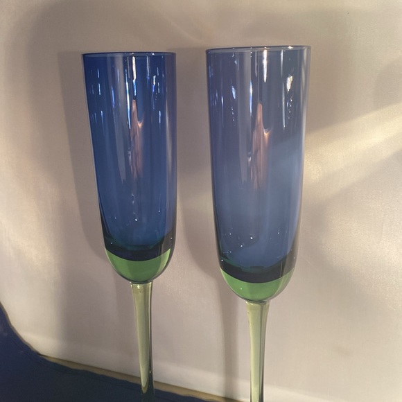 2 Festival Green Blue Block Champagne Flute Glass Stemmed 10.25" Hand Crafted - Picture 5 of 5